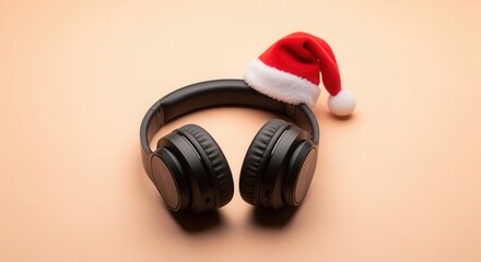 Black headphones with a Santa hat on a plain background. Christmas music and holiday audio concept. Modern technology gift for the festive season