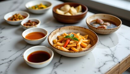Set of dim sum sauce dishes, linear arrangement, gloss speculars