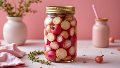 Jar of pickled onions, pale pink hue, clean Scandinavian scene
