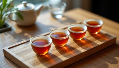 Minimal tea flight: three cups, three tones of tea, straight alignment