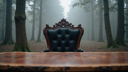 Fototapeta premium Elegant chair, wooden table, misty forest, serene atmosphere, vintage style, nature setting
