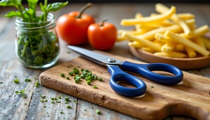 Minimal herb scissors on board, chive jar behind, crisp lines