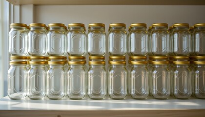 Stack of hex jars empty, light catching facets, pristine shelf