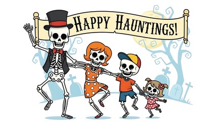 Cartoon family of skeletons celebrating halloween with festive banner