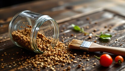 Ground pepper spill in deliberate line, jar and brush nearby