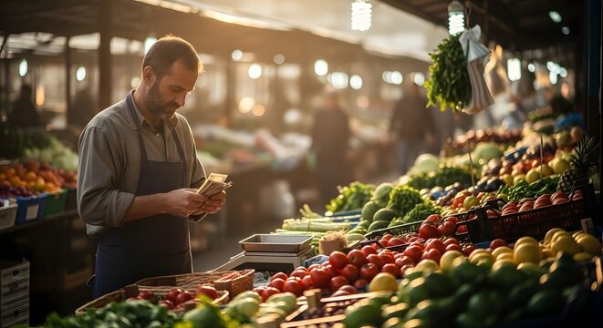 A male vendor at an outdoor market checks his smartphone amidst vibrant fresh produce displays during the late afternoon sunlight