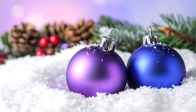 Two Christmas ornaments in snow with pine cones and a sprig against a blurry purple, white, and pink bokeh background