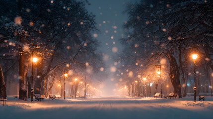 Snowfall through city park lights, motion blur and glowing haze, atmospheric cinematic perspective