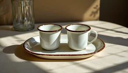 Pair of enamel cups on tray, geometric shadow, golden morning