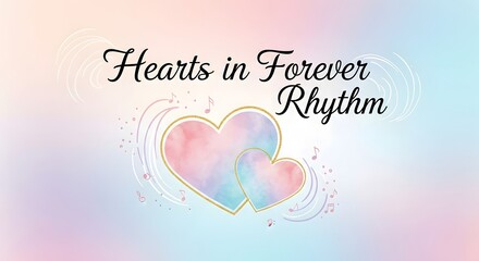 A colorful watercolor illustration featuring two hearts with musical notes and swirling lines, symbolizing love and rhythm in a soft pastel background