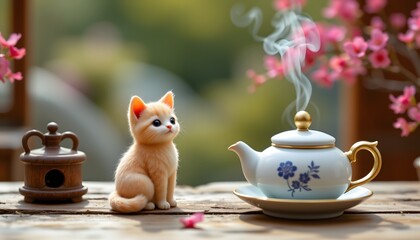 Tea pet figurine tiny, gaiwan beside, pale stonescape background