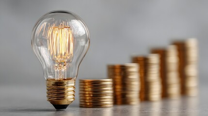 Glowing incandescent lightbulb rests on ascending stacks of gleaming gold coins in this hyper-realistic photo. The image clearly symbolizes the rising cost of energy.