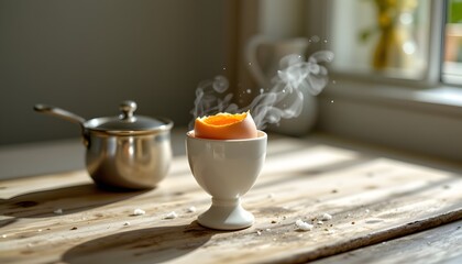 Egg cup with single egg, salt pinch pot, bright quiet scene