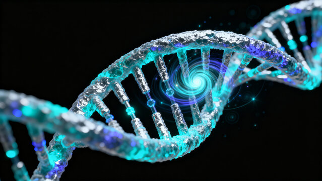 A scientifically precise and highly detailed microscopic view of helical photonic particles interacting with the double helix structure of DNA. 