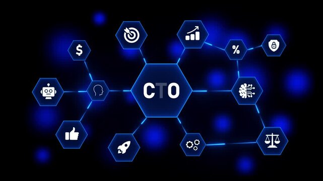 CTO Chief Technology Officer hexagon network diagram with technology and business icons on dark blue bokeh background