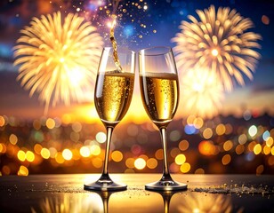 new year celebration Two champagne glasses clinking with golden sparkling wine, festive New Year&rsquo;s Eve celebration, fireworks in the background, luxury holiday atmosphere, cinematic photo