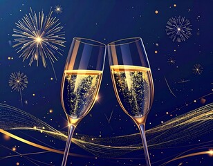 new year celebration Two champagne glasses clinking with golden sparkling wine, festive New Year&rsquo;s Eve celebration, fireworks in the background, luxury holiday atmosphere, cinematic photo