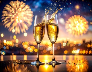 new year celebration Two champagne glasses clinking with golden sparkling wine, festive New Year&rsquo;s Eve celebration, fireworks in the background, luxury holiday atmosphere, cinematic photo