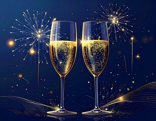 new year celebration Two champagne glasses clinking with golden sparkling wine, festive New Year&rsquo;s Eve celebration, fireworks in the background, luxury holiday atmosphere, cinematic photo
