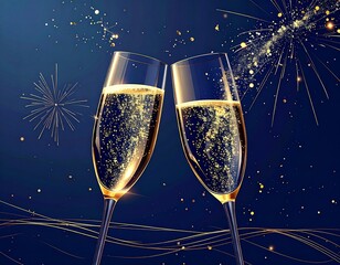 new year celebration Two champagne glasses clinking with golden sparkling wine, festive New Year&rsquo;s Eve celebration, fireworks in the background, luxury holiday atmosphere, cinematic photo
