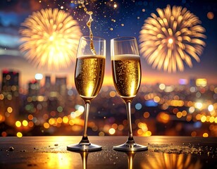 new year celebration Two champagne glasses clinking with golden sparkling wine, festive New Year&rsquo;s Eve celebration, fireworks in the background, luxury holiday atmosphere, cinematic photo