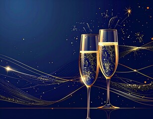 new year celebration Two champagne glasses clinking with golden sparkling wine, festive New Year&rsquo;s Eve celebration, fireworks in the background, luxury holiday atmosphere, cinematic photo