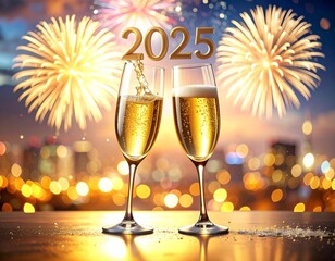 new year celebration Two champagne glasses clinking with golden sparkling wine, festive New Year&rsquo;s Eve celebration, fireworks in the background, luxury holiday atmosphere, cinematic photo