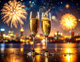 new year celebration Two champagne glasses clinking with golden sparkling wine, festive New Year&rsquo;s Eve celebration, fireworks in the background, luxury holiday atmosphere, cinematic photo
