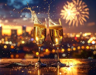 new year celebration Two champagne glasses clinking with golden sparkling wine, festive New Year&rsquo;s Eve celebration, fireworks in the background, luxury holiday atmosphere, cinematic photo
