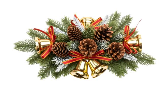 Festive christmas arrangement with golden bells pine cones and evergreen branches on black background