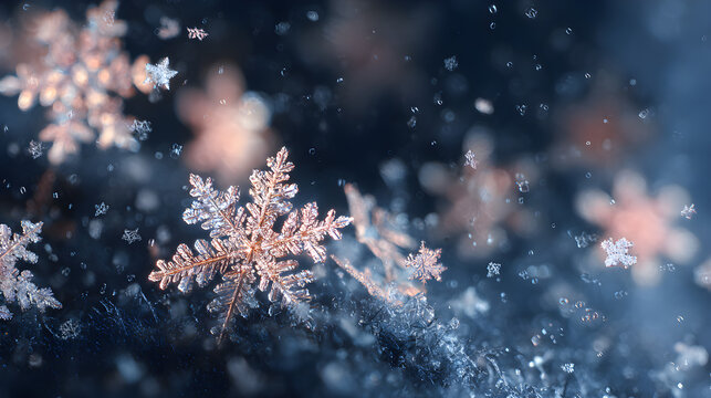 Snowflakes glimmering under starlight, macro photography and magical tone mapping