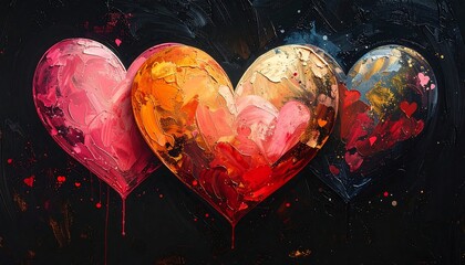 Three textured, painted hearts of pink, orange/red, and blue/gray on a dark, swirling background with droplet effects
