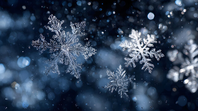 Fototapeta Snowflakes shimmering against night sky, telephoto lens and cinematic sparkle