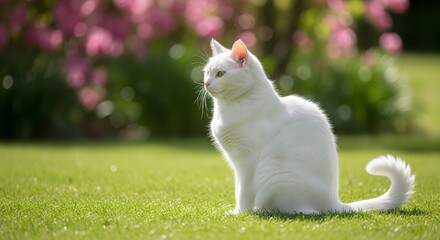 White Cat Sitting on Green Grass in Sunny Garden with Blurred Pink Flowers