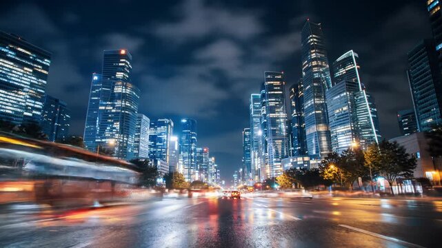 Time-lapse of a futuristic metropolis at night. Towering, illuminated skyscrapers and vibrant car light trails on wet roads under a deep blue sky with luminous clouds, embodying urban energy and
