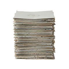 Stack of old newspapers and magazines on a transparent background.