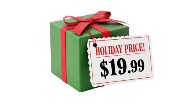 Green gift box with holiday price tag on white background