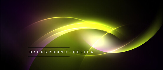 Abstract design features flowing curves, vibrant yellow glow, dark background. Modern aesthetic, suitable for digital projects.