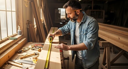 A man working on a woodworking project in a well-lit workshop, measuring a piece of wood with a tape measure for precise cutting and assembly