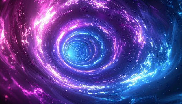 Swirling vortex of pink and blue cosmic nebulas. A tunnel view into a bright center