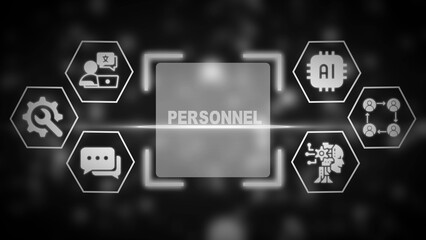 Grayscale human resources personnel management concept with AI and network icons recruitment
