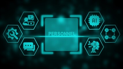 Teal human resources personnel management concept with AI and network icons recruitment