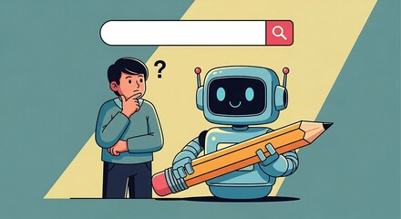 content writing assistant robot helping a thinking man find what to write for search engine showcasing ai copywriting and digital technology