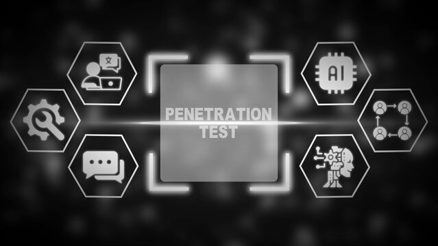 Grayscale digital concept of AI driven penetration testing system with interconnected icons artificial intelligence