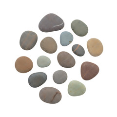 Collection of Smooth Natural River Stones in Various Earthy Tones.