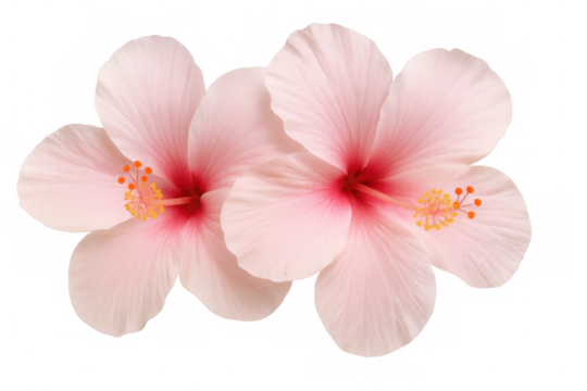 Pink hibiscus flowers blooming, showing delicate petals and yellow stamens on a transparent background