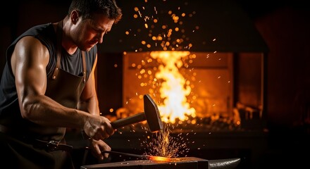 A skilled blacksmith forges metal using a hammer and anvil in a traditional workshop with sparks flying around during the process