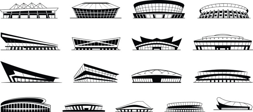 Stadium silhouette illustrations, black and white architecture, modern arena designs, dome and angular structures, public buildings, sports venues, urban planning, architectural diversity