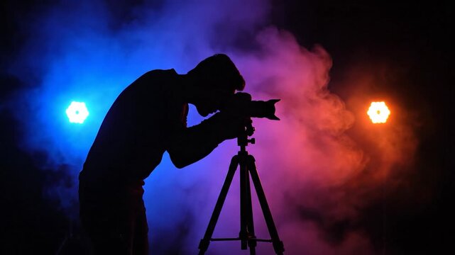 Silhouette of a photographer looking through camera on tripod with colorful illuminated background