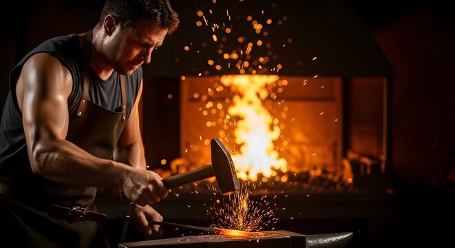 A skilled blacksmith forges metal using a hammer and anvil in a traditional workshop with sparks flying around during the process